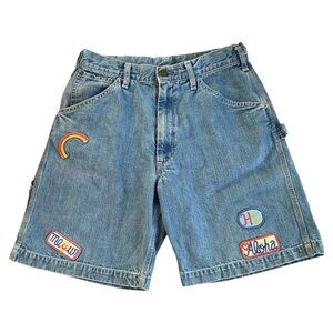Hysteric Glamour Blue Denim Patchwork Shorts with Rainbow Patches